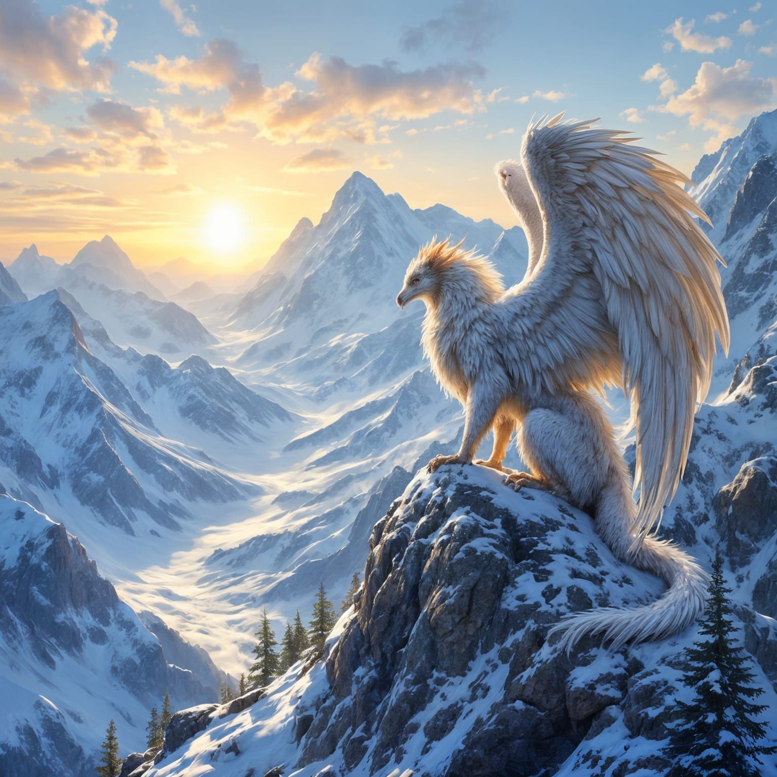 Iridescent Griffin Overlooking Snowy Wilderness