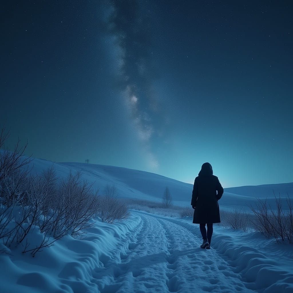 Ethereal Nighttime Scene with Starlight and Winter Hills