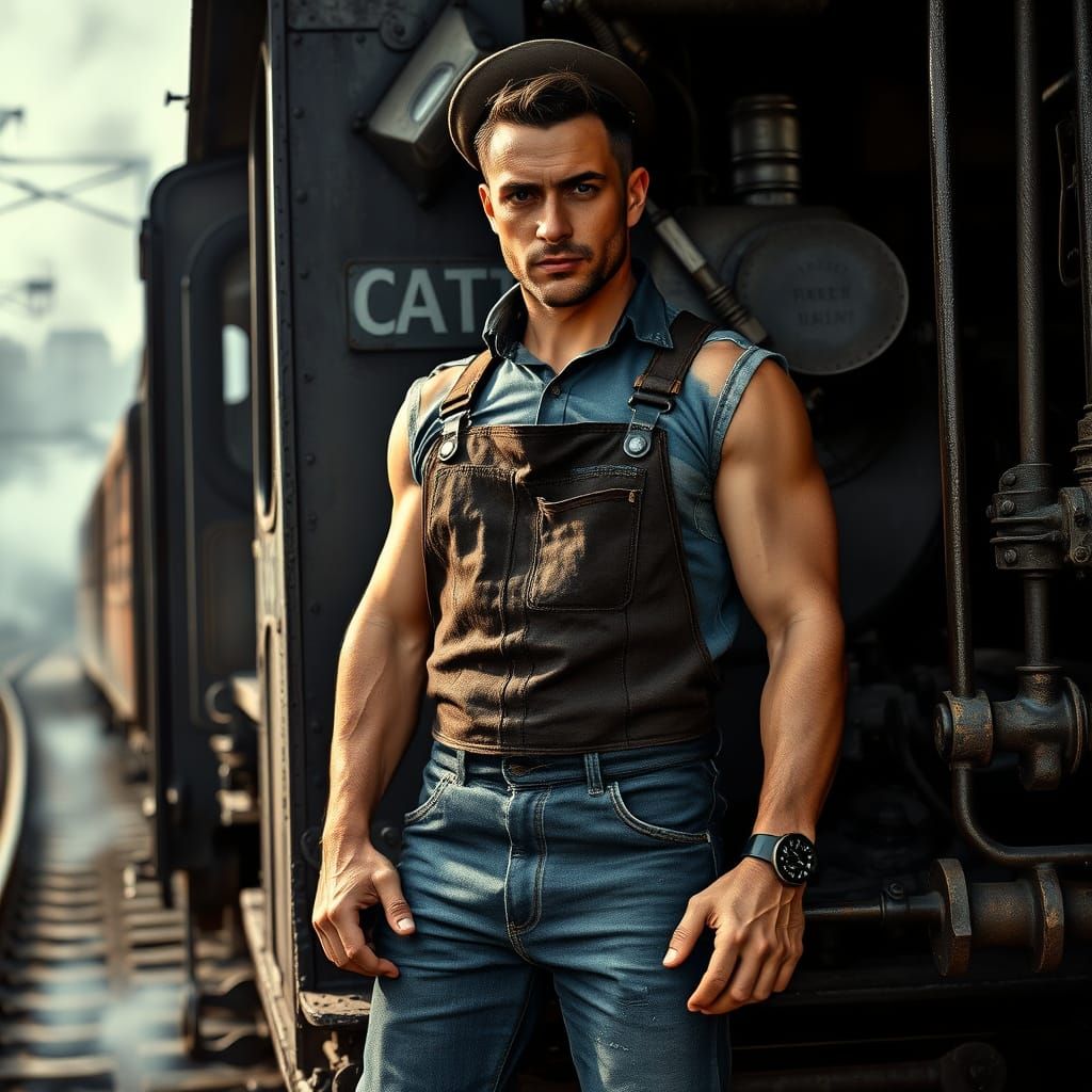 Rugged Train Conductor in Dramatic Industrial Landscape