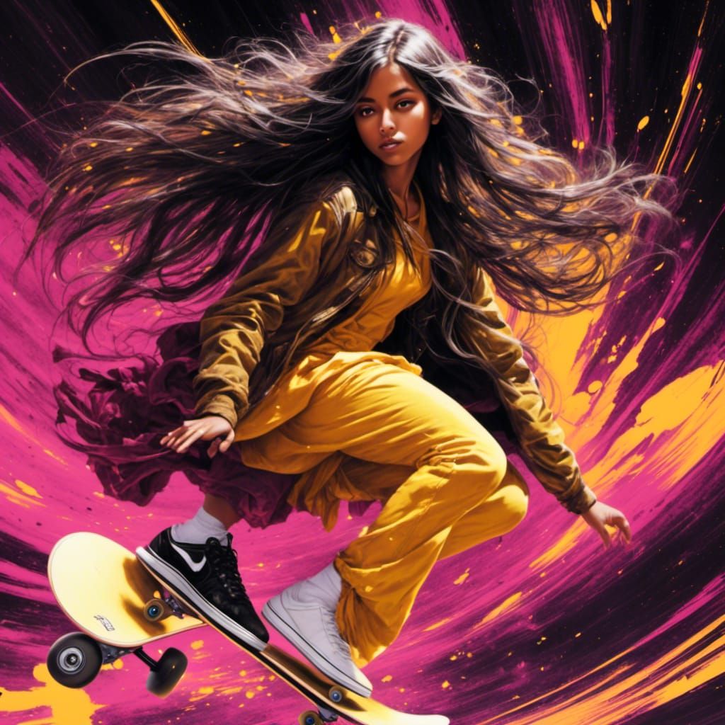 Fantasy Girl on Skateboard in Dichromatic Colors