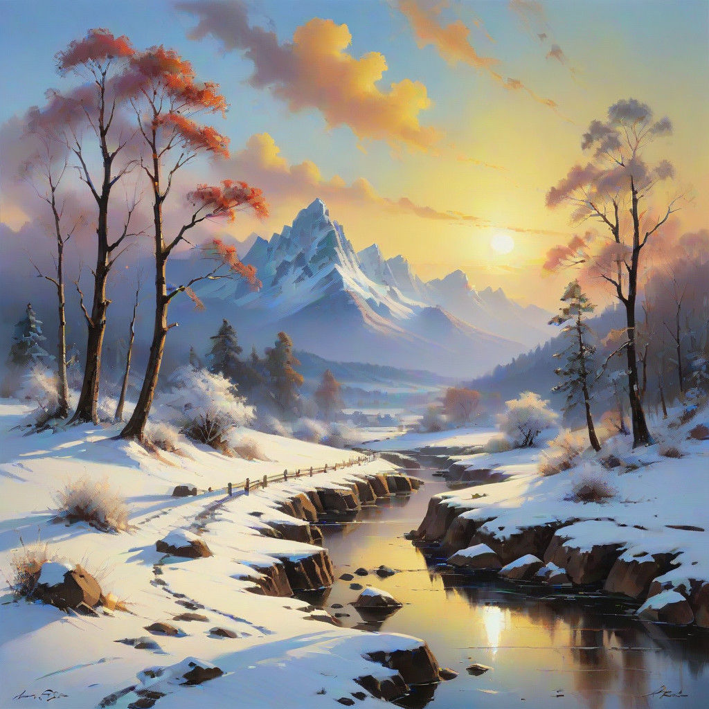 Soothing Winter Sunrise Landscape in Traditional Oil Paintin...