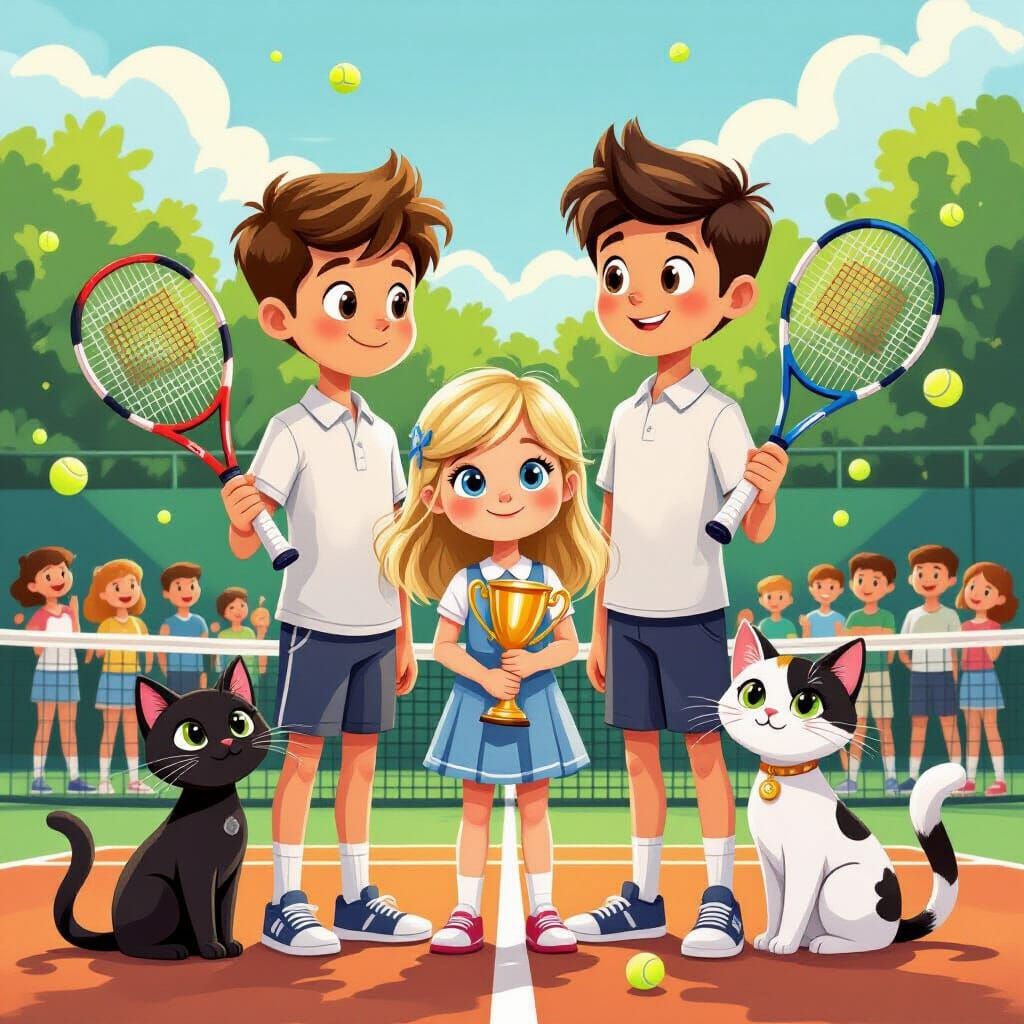 Children on Tennis Court with Cats and Trophy Illustration