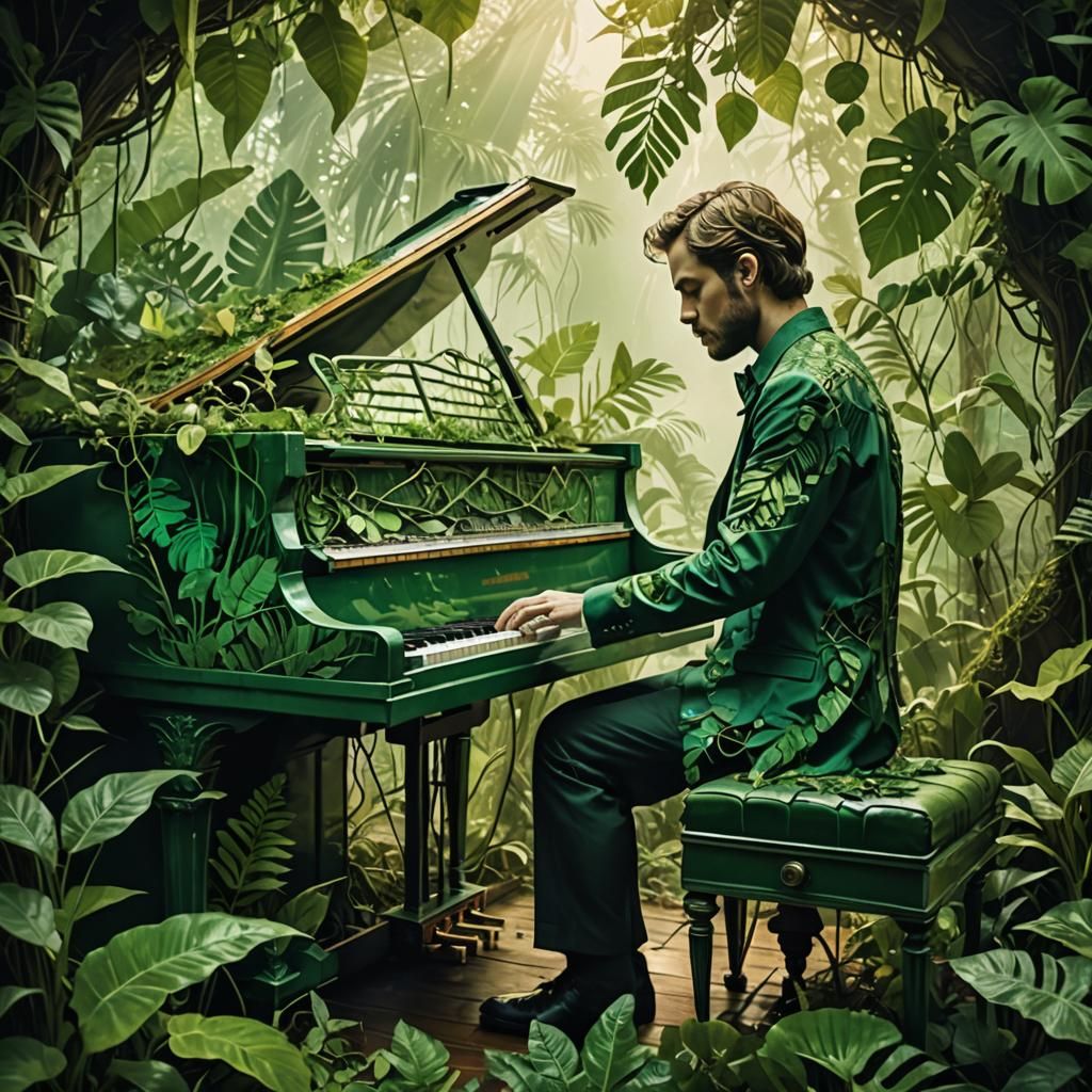 Green Jungle Piano in Double Exposure Style