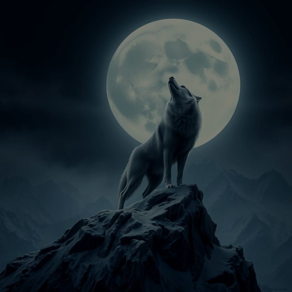 Wolf Silhouetted on Mountain Under Full Moon