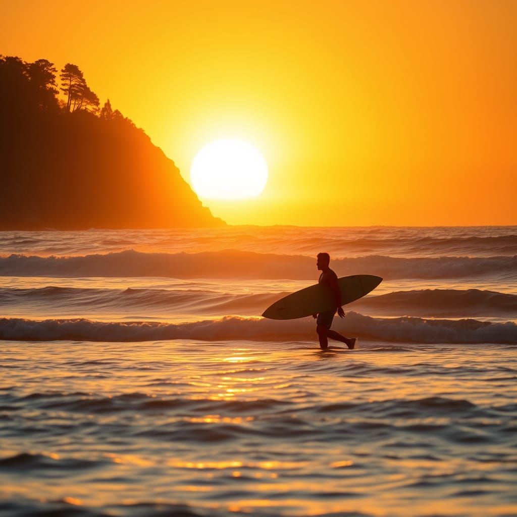 Golden Hour Beach Scene with Silhouetted Surfer