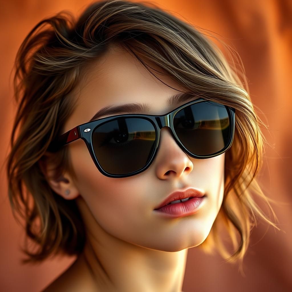 Teen Girl in Sunglasses: Photorealistic High-Contrast Portra...