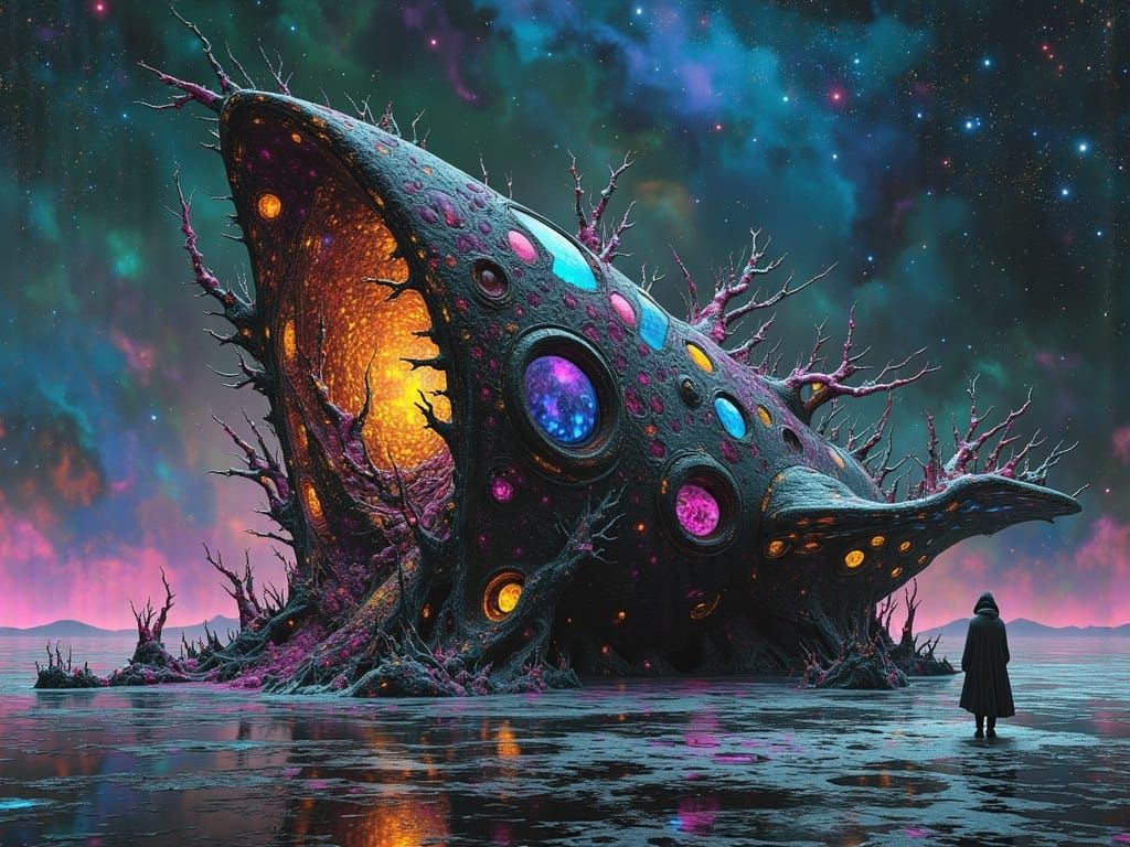 Biomechanical Spaceship in Otherworldly Landscape