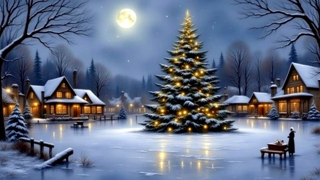 Moonlit Christmas Scene in Oil Painting Style