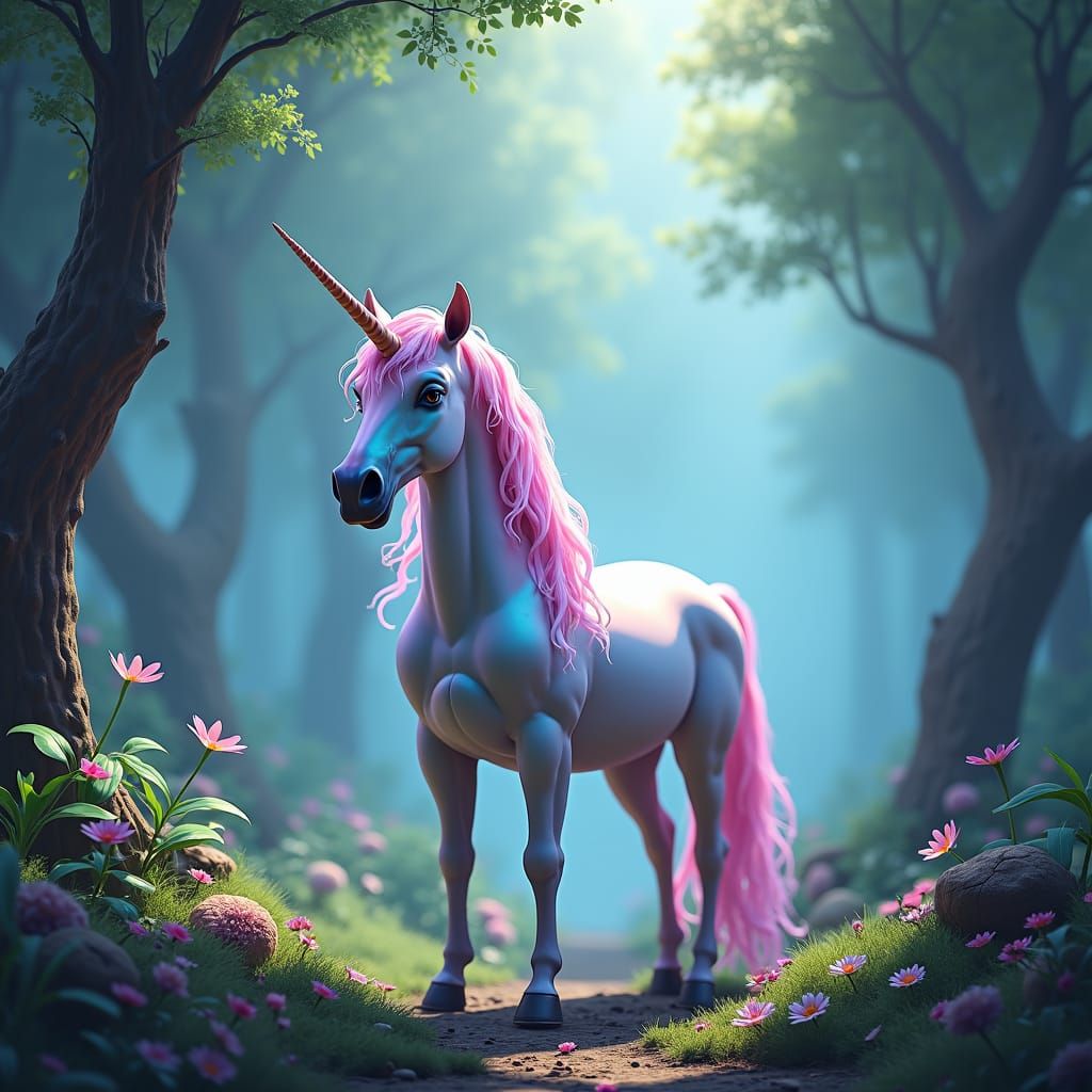 Iridescent Unicorn in Emerald Forest: Fantasy Art