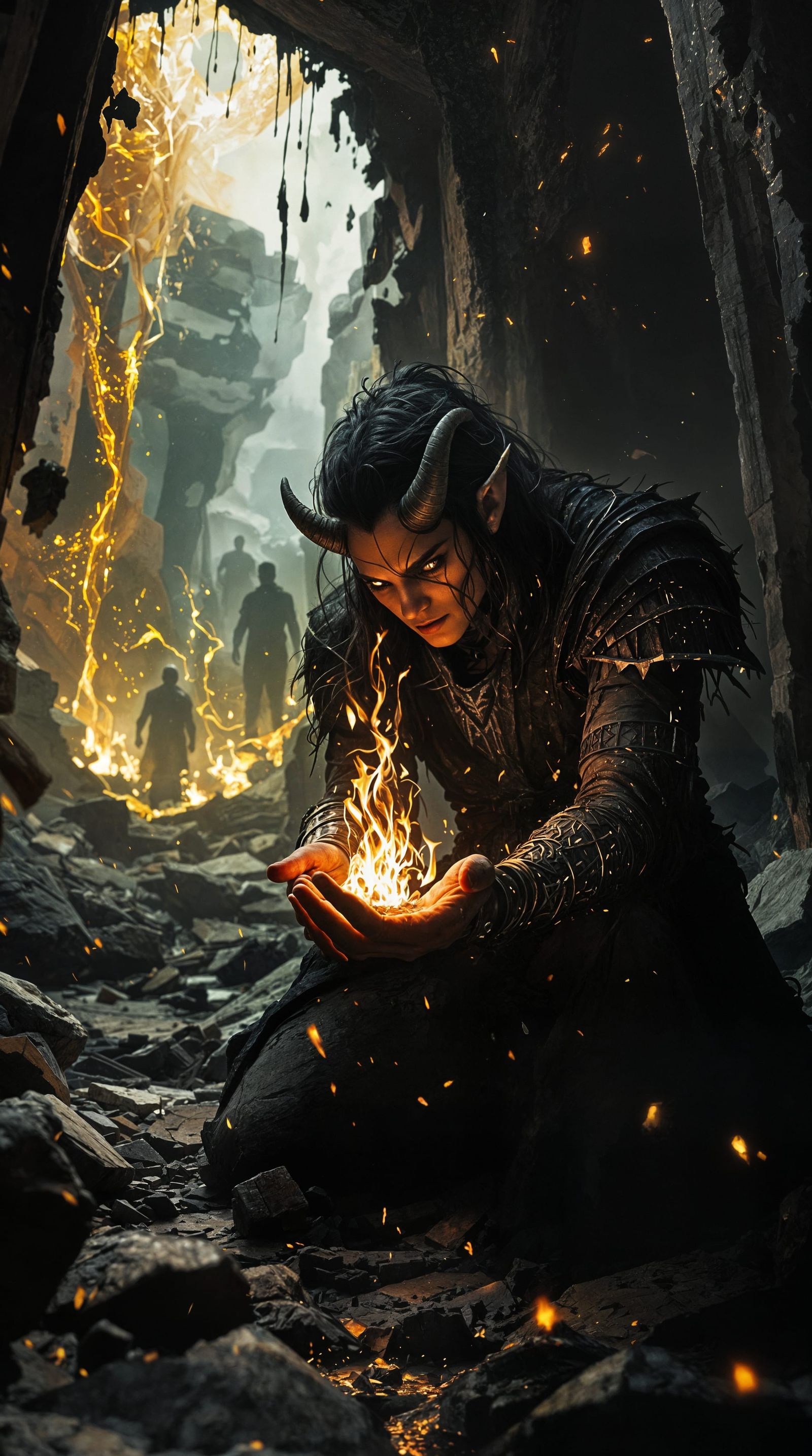 Surreal Film Noir Scene in Shattered Temple Ruins