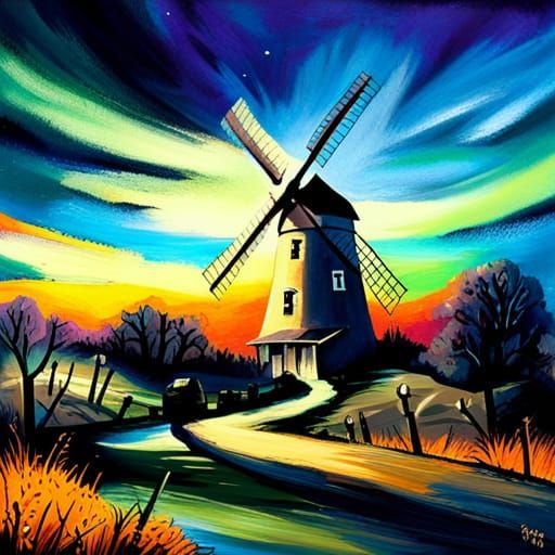 Haunted Windmill: Noir Illustration with Palette Knife