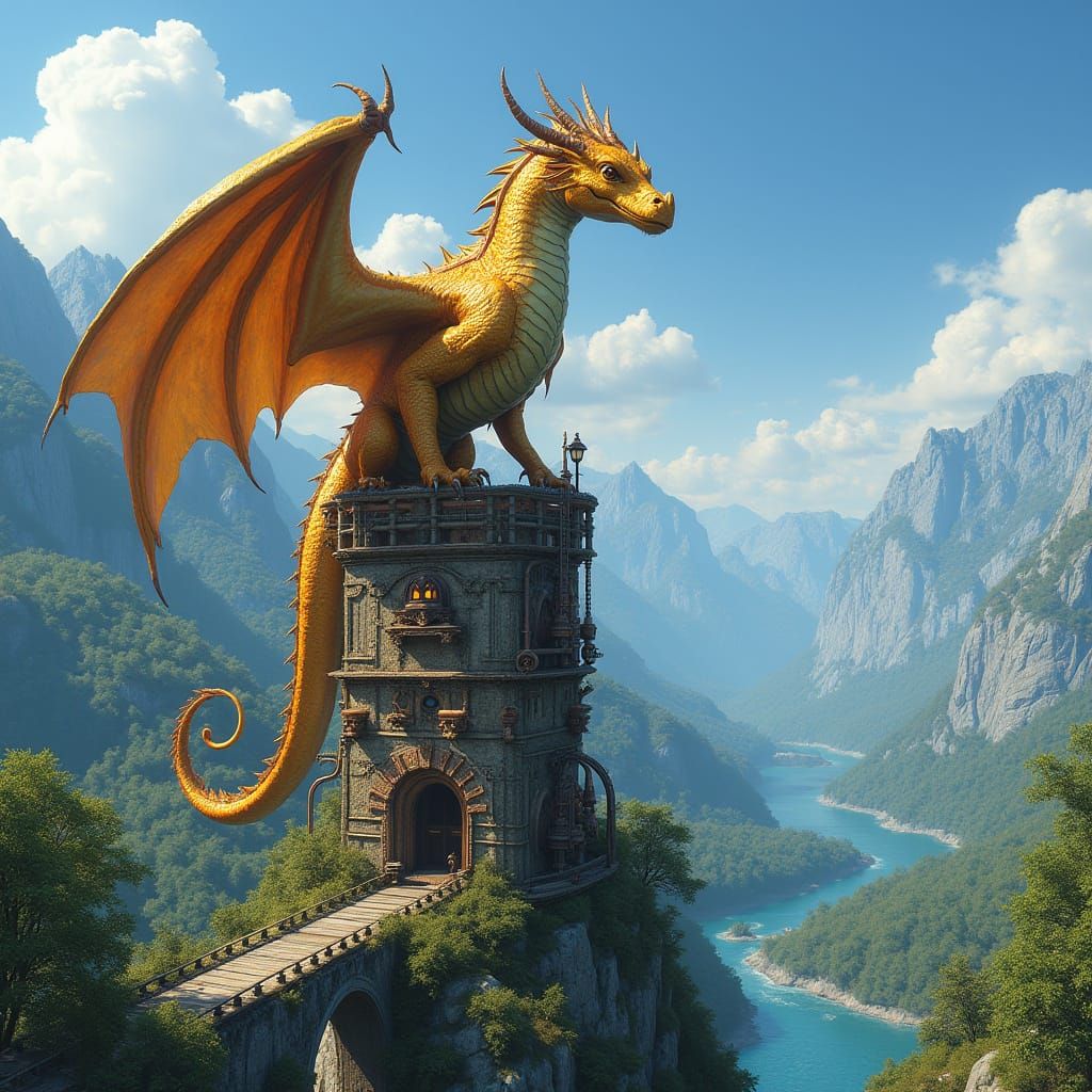 Majestic Gold Dragon Amidst Steampunk Skyrim Tower