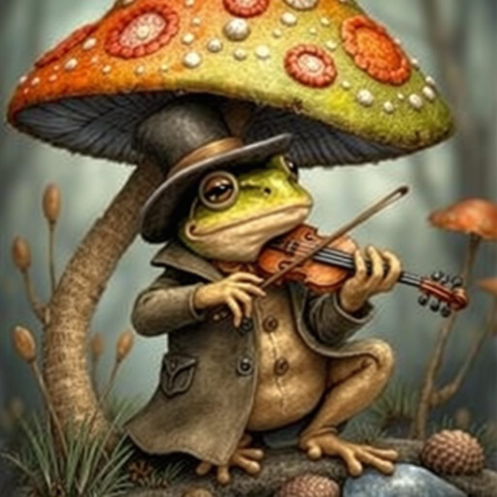 Frog in Whimsical Coat Plays Violin Under Toadstool Roof
