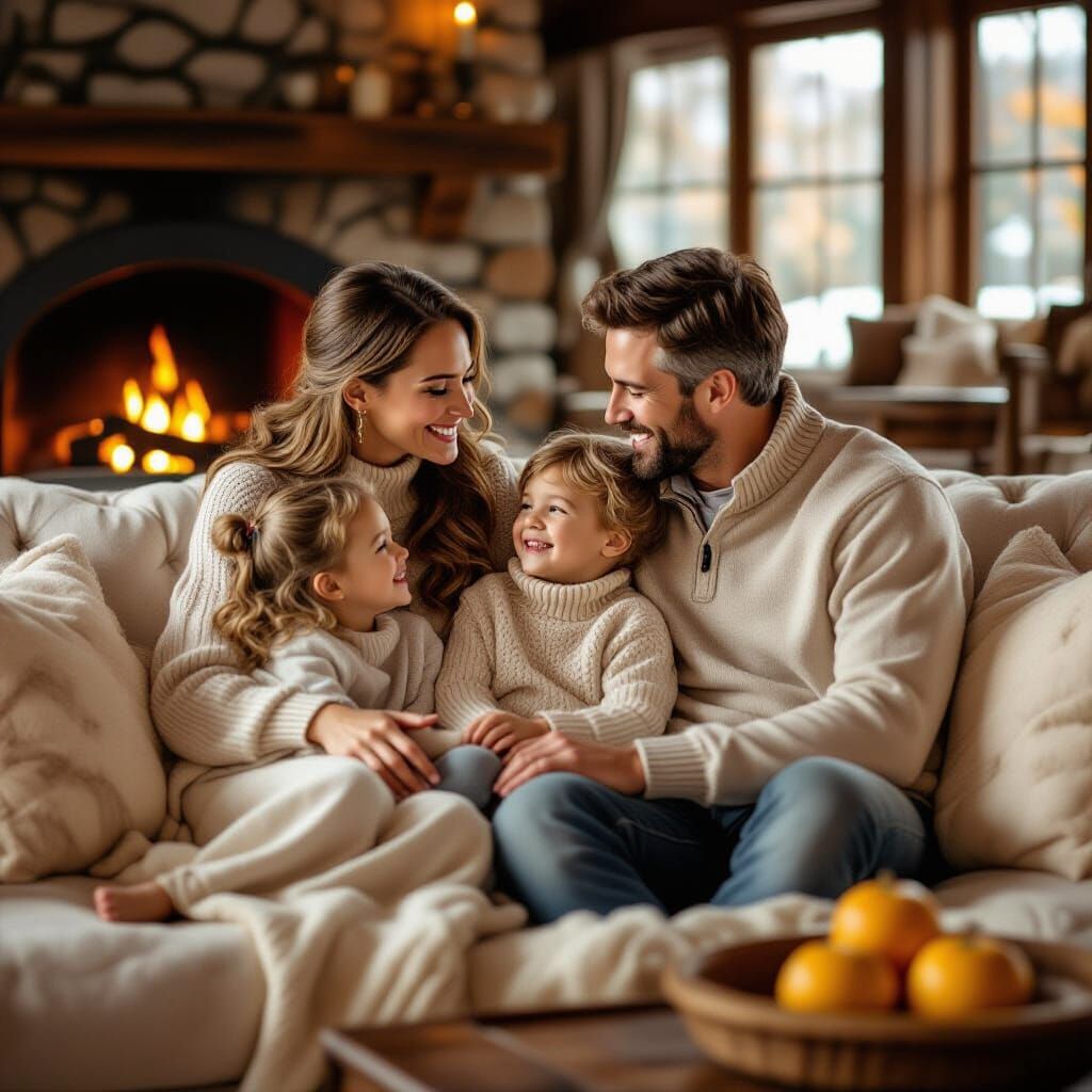 Family Gathered by Fireplace in Rockwell Style
