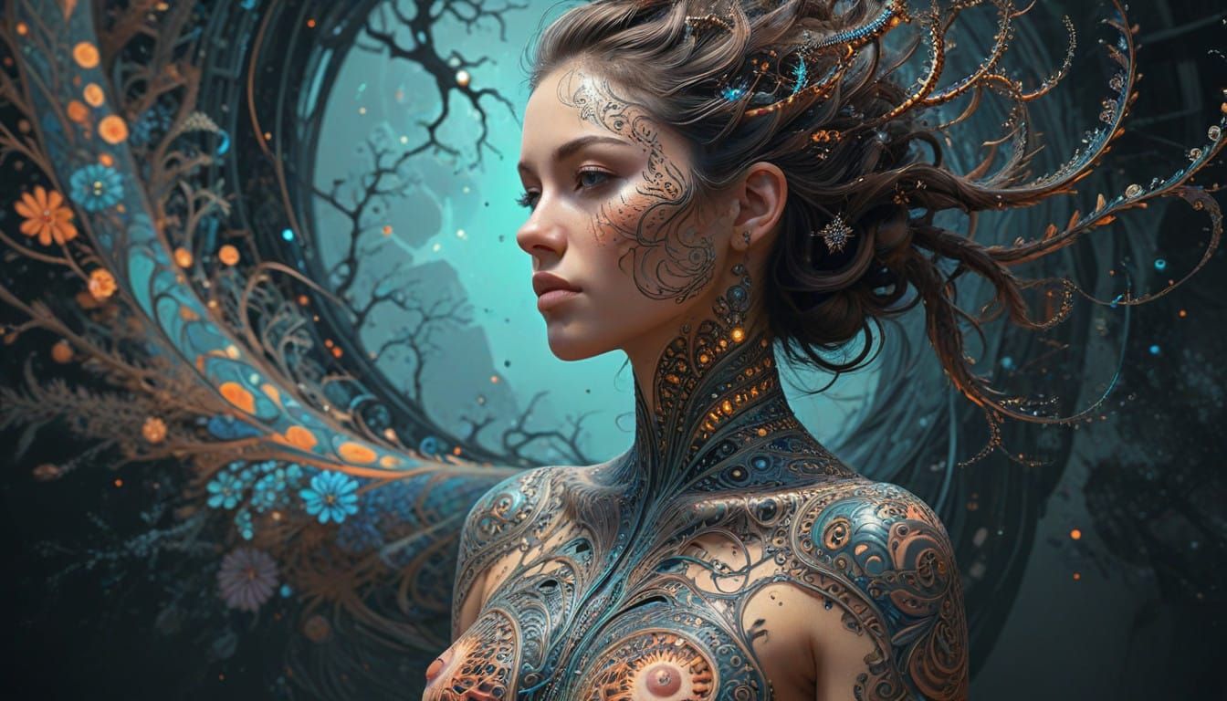 Curvaceous Woman in Fractalized Dreamscape