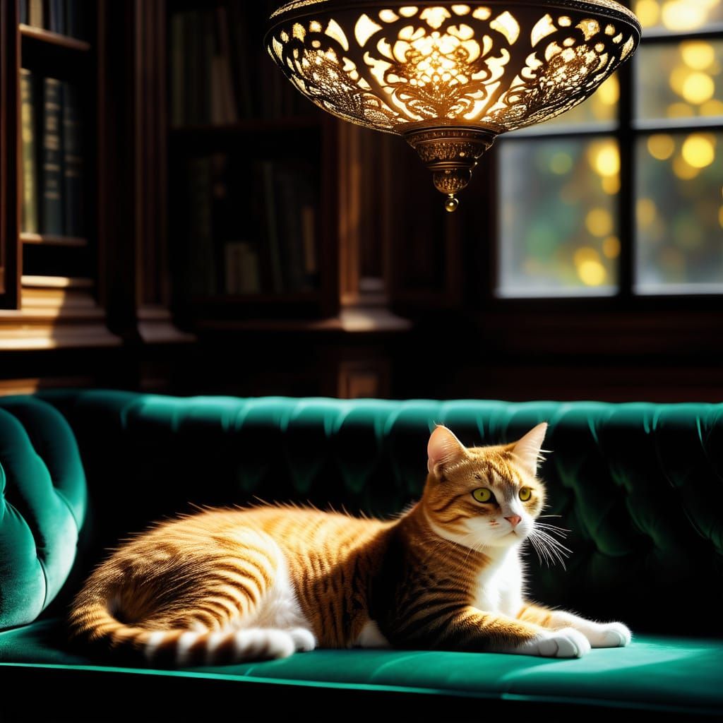 Majestic Tabby Cat in Baroque Library