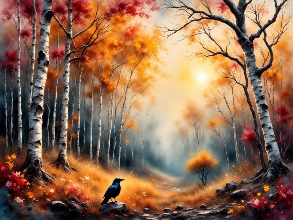 Ethereal Raven Amidst Autumnal Forest in Watercolor Oil Pain...