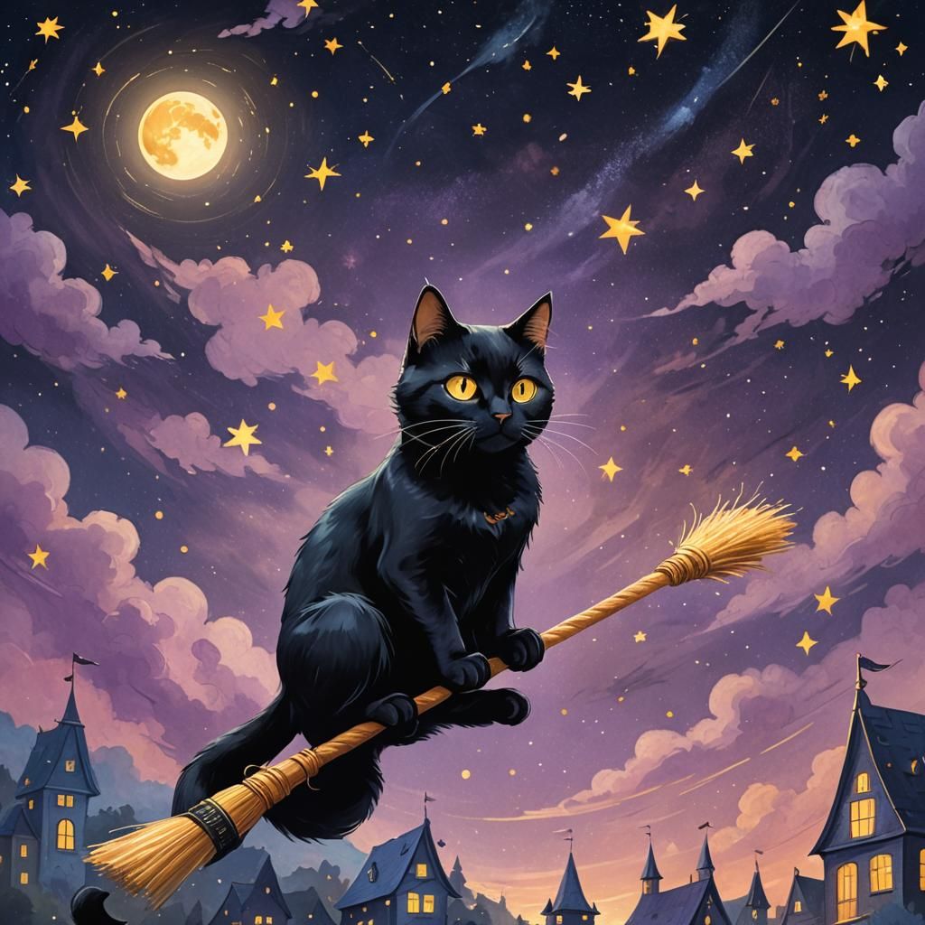 Black Cat Rides Broom in Starry Sky