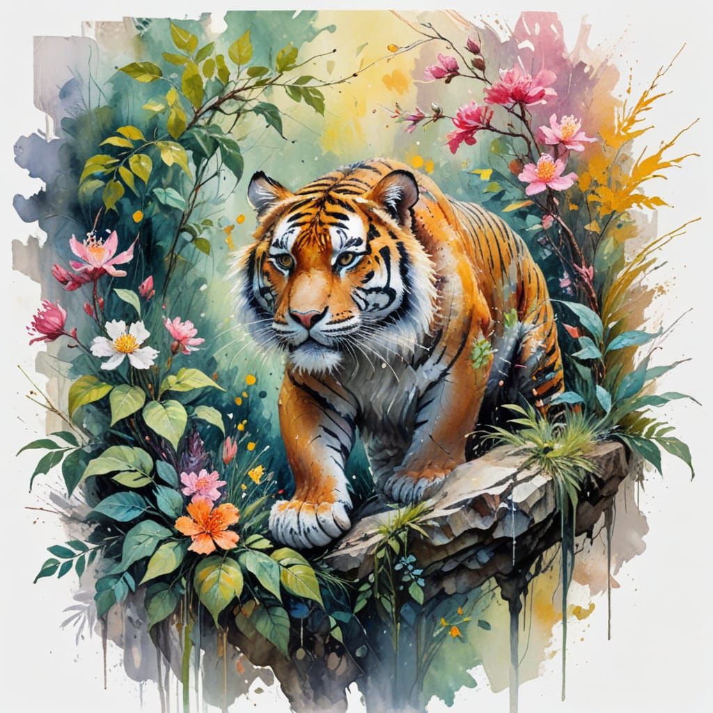 Majestic Tiger in Jungle, Neo-Impressionist Watercolor