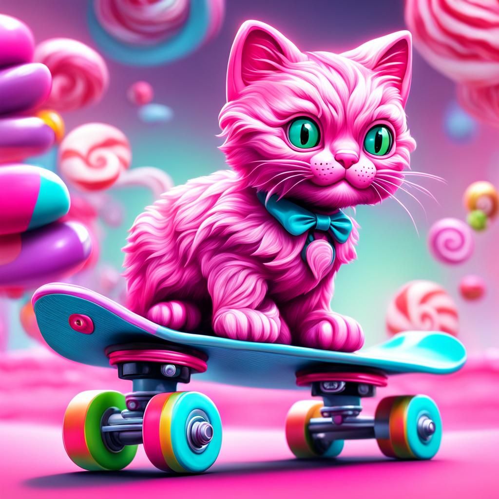 Pink Toy Kitty on Skateboard in Candy Art
