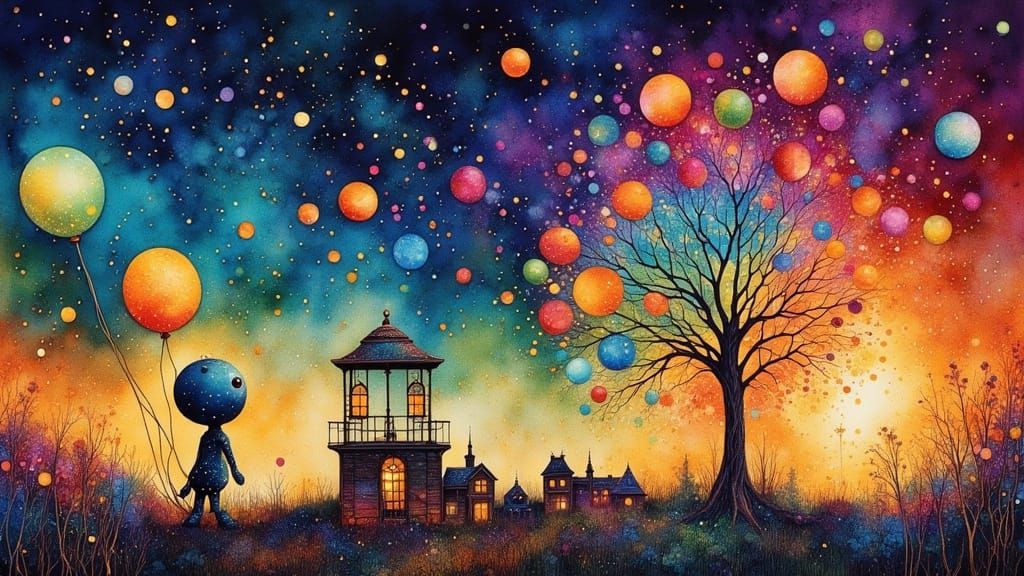Whimsical Carnival Twilight with Robot and Balloon