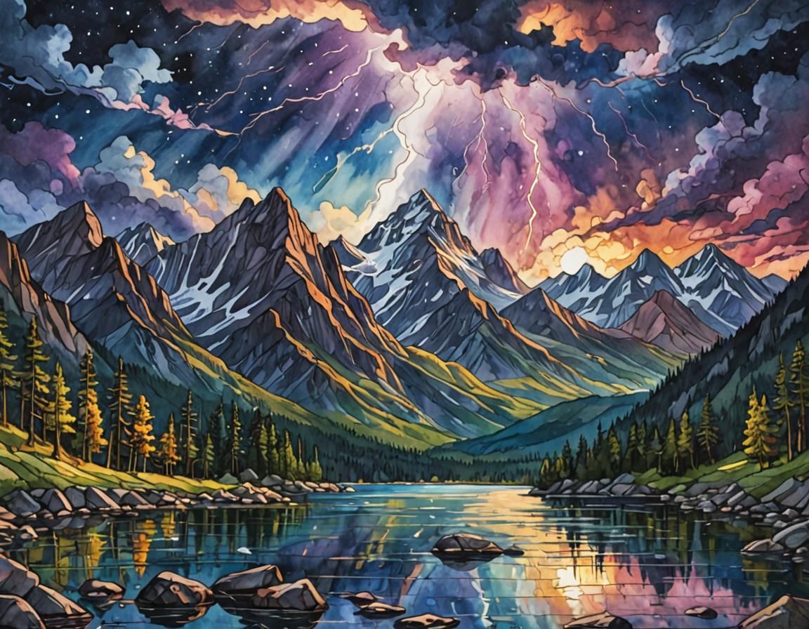 Electric Night Sky: Lightning Cascade in Watercolor Style