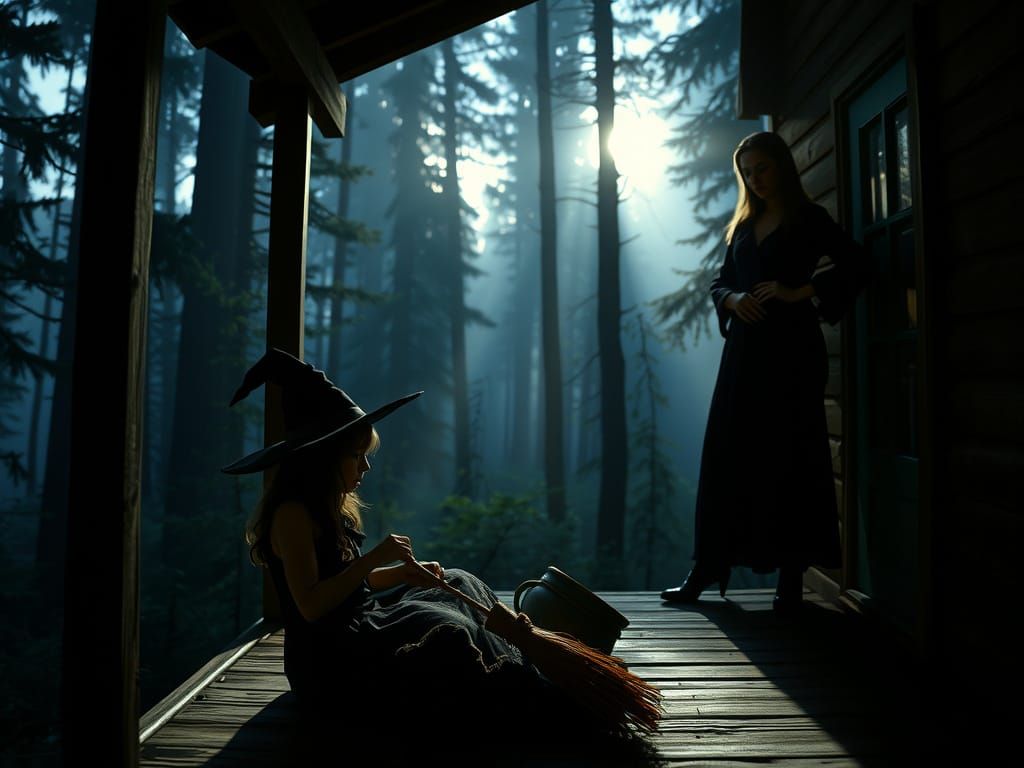 Young Witch Paints Broom Pink as Older Witch Watches Angrily