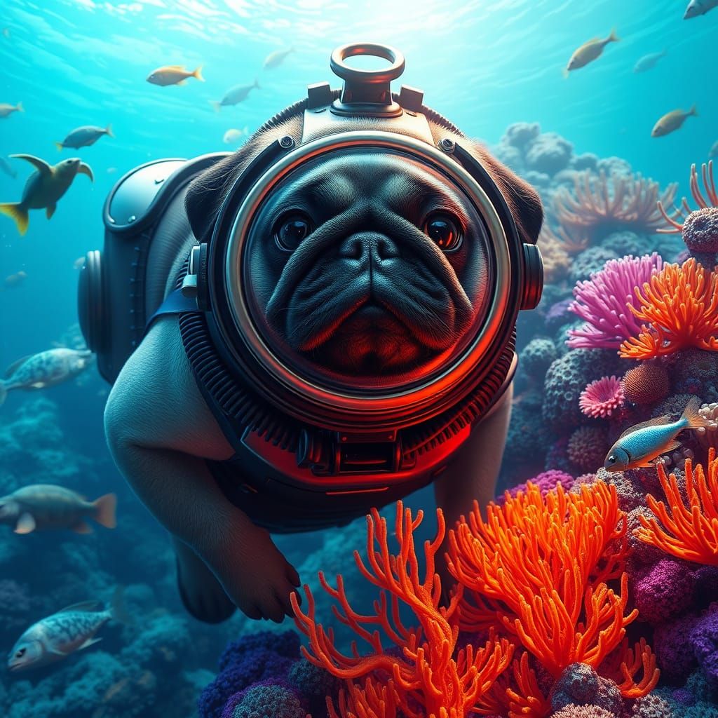 Pug Diver Explores Vibrant Coral Reef: Detailed Matte Painti...