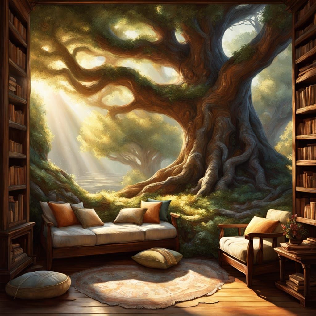 Cozy Tree Nook Oil Painting in Golden Hour Light