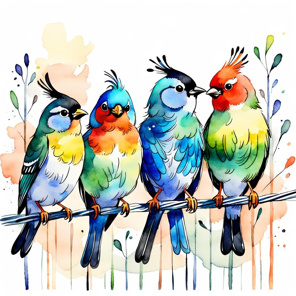 Colorful Birds on Wire: Watercolor Cartoon Sketch