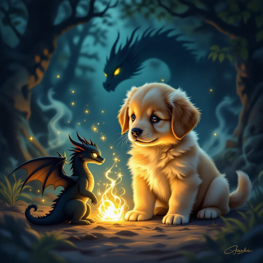 Golden Retriever Puppy's Magical Spell on Shadow Dragon