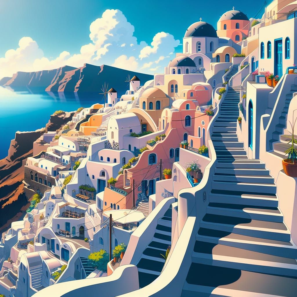 Anime-Style Santorini: A Greek Island Wallpaper