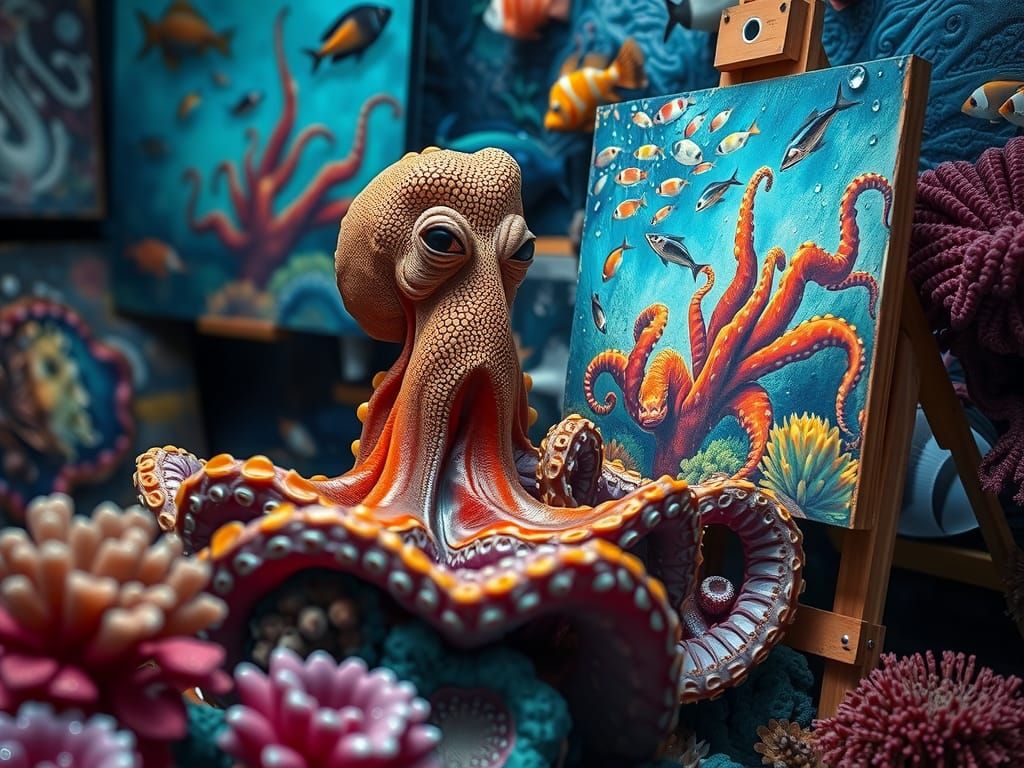 Octopus Artist in Coral Reef Studio: Hyperrealistic Encausti...