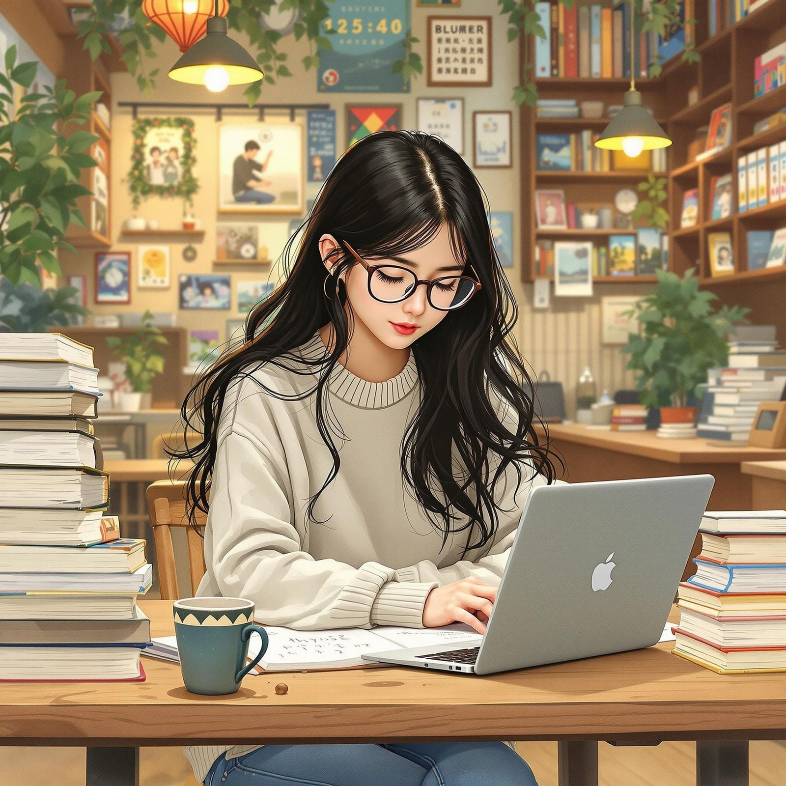 Girl Studying Physics in Cafe, Illustration Style