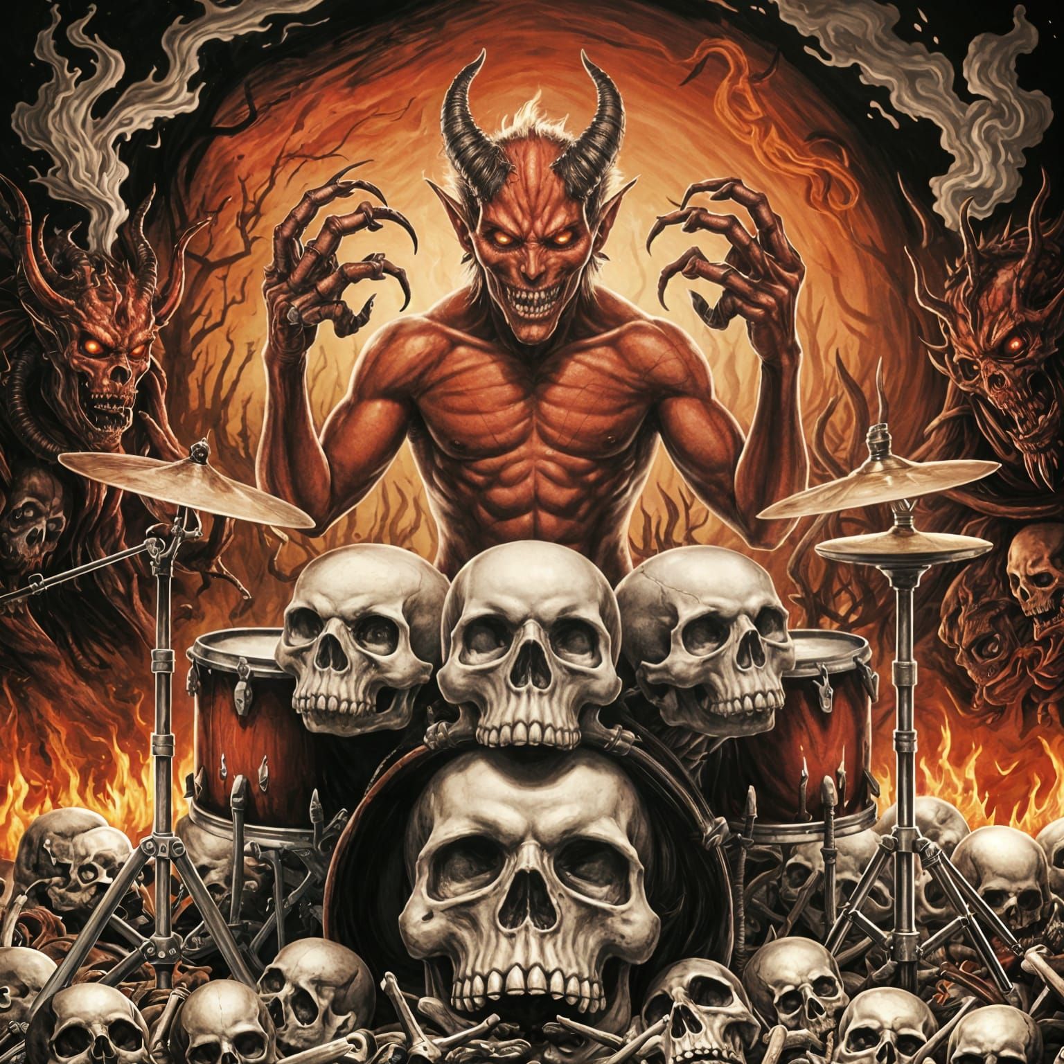 Demonic Drummer in Hellish Landscape
