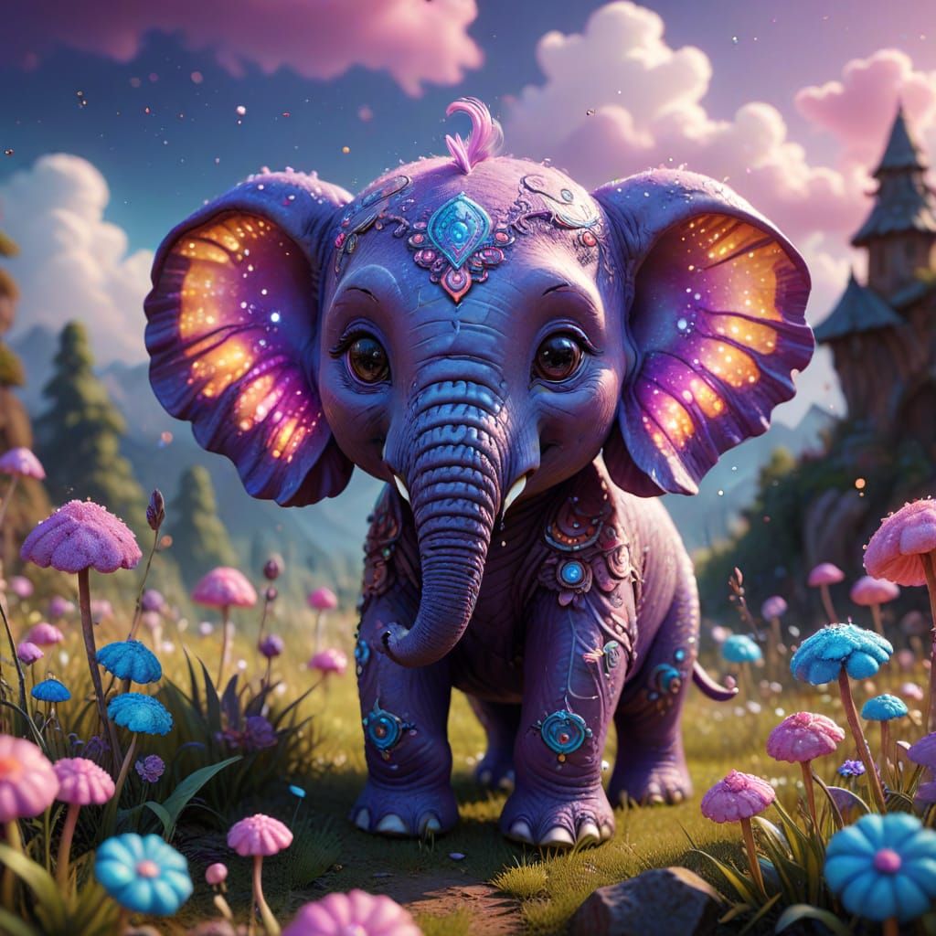 Vibrant Purple Chibi Elephant in Whimsical Candyland Scene