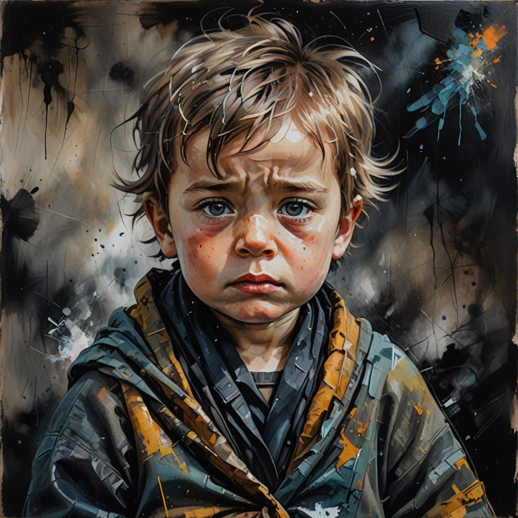 Little Boy Amidst Ruins in Vibrant Oil Painting