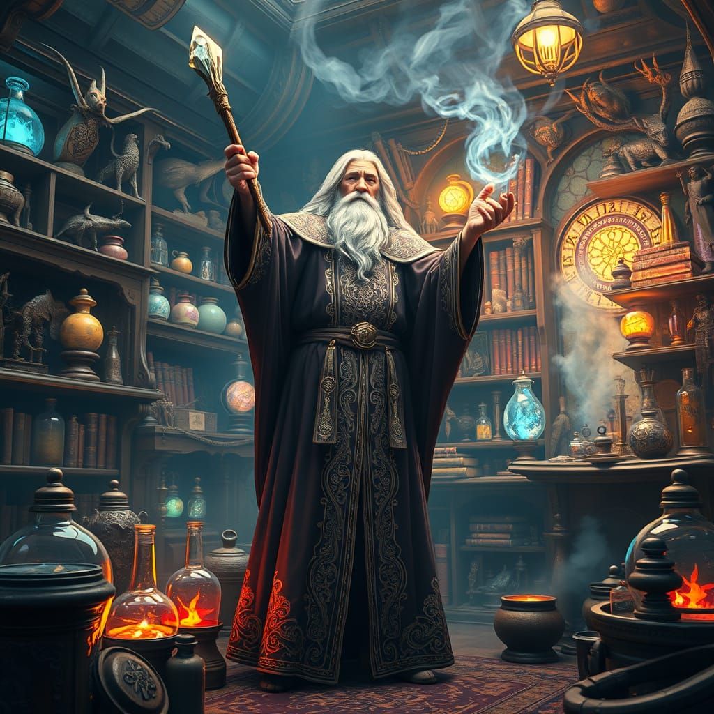 Mystical Sorcerer Conjures Spell in Steampunk-Inspired Chamb...