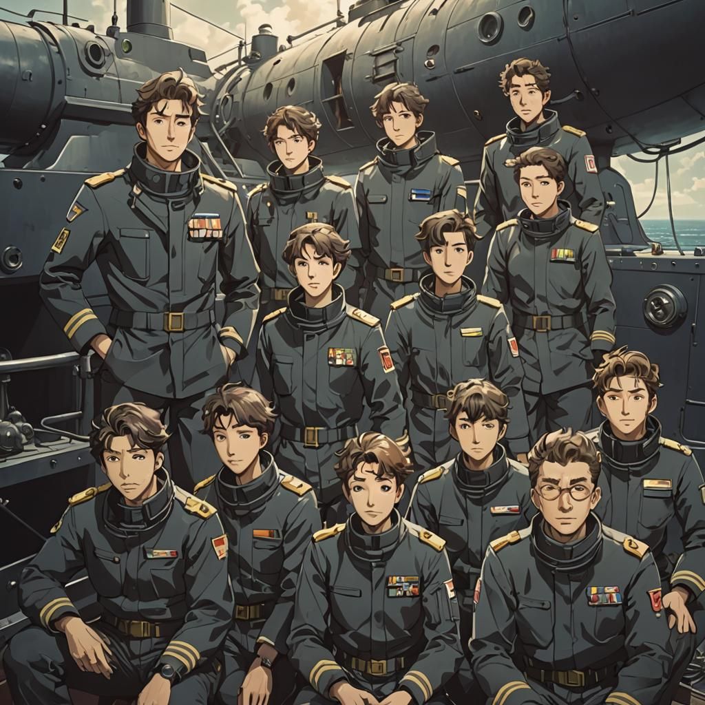 Submarine Crew in Cel-Shaded Anime Style