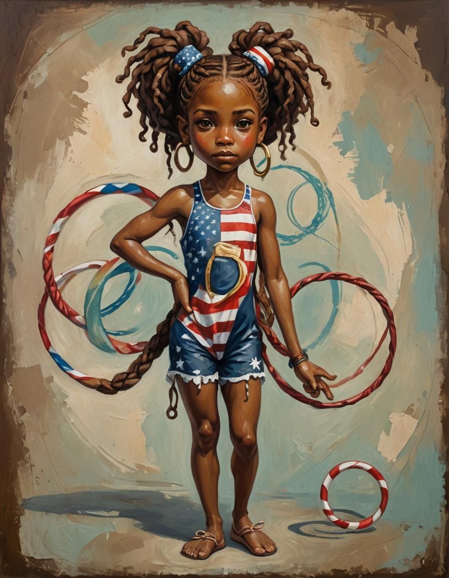 Whimsical Oil Painting of Girl Diver with USA Swimsuit