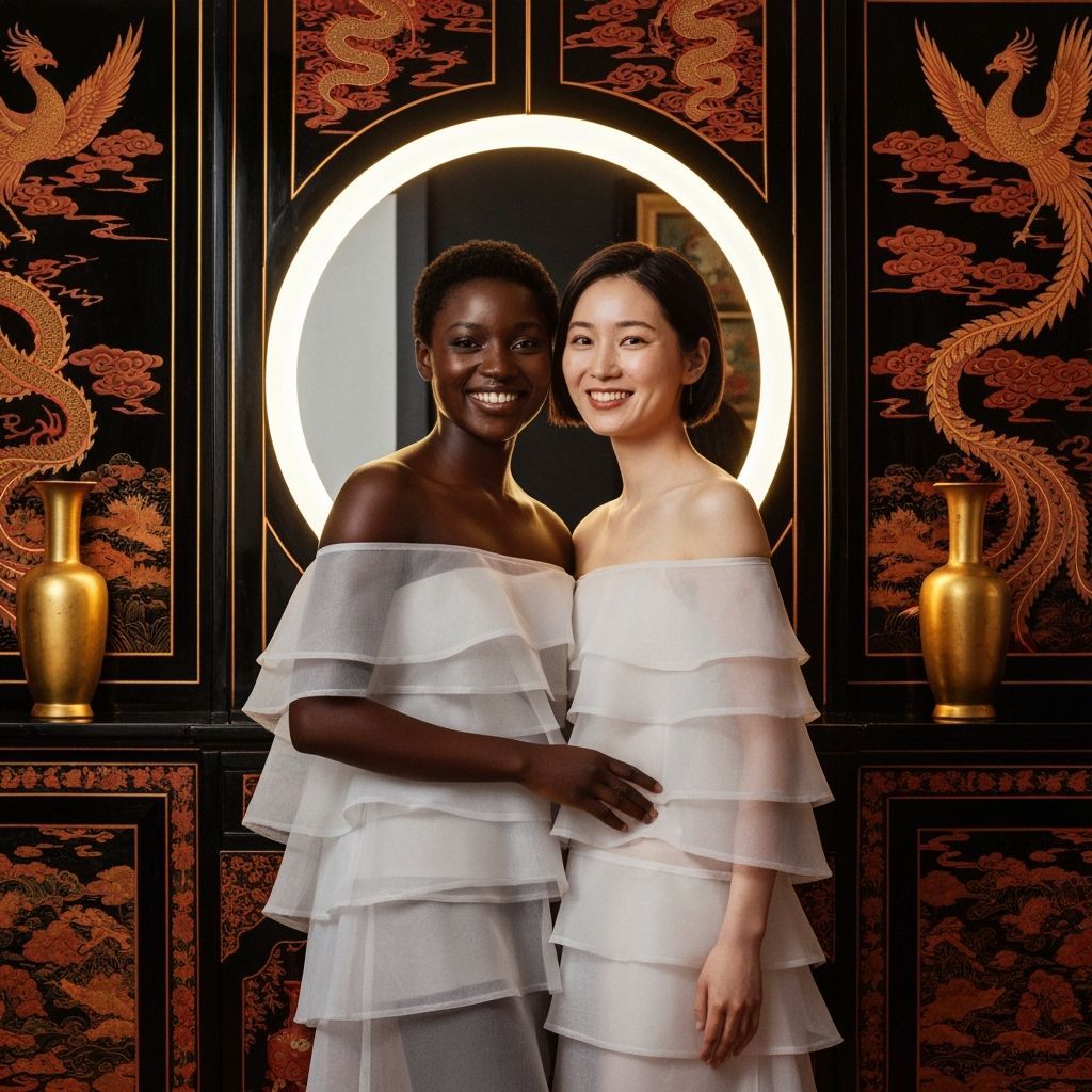 Elegant Women in Sheer Textiles Amidst Dragon Art