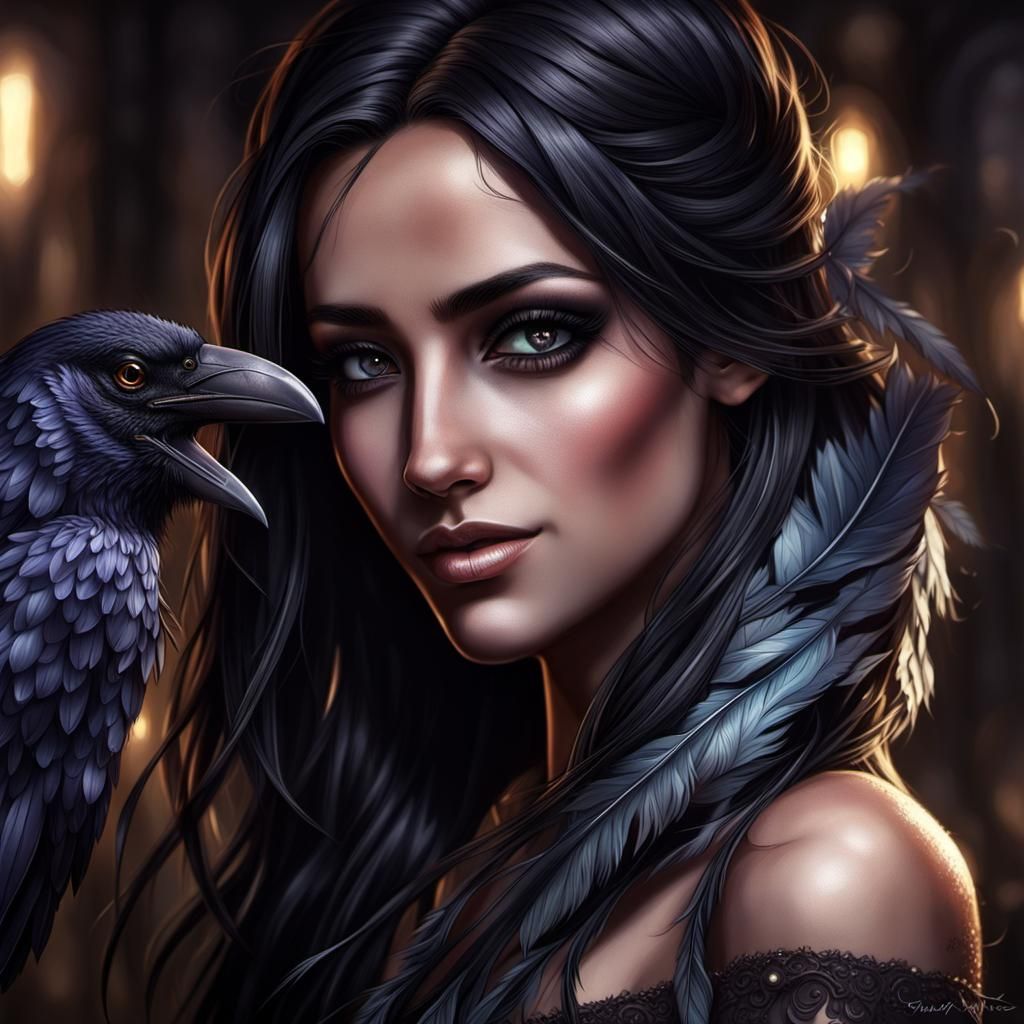 Dark Fantasy Girl with Raven Feathers