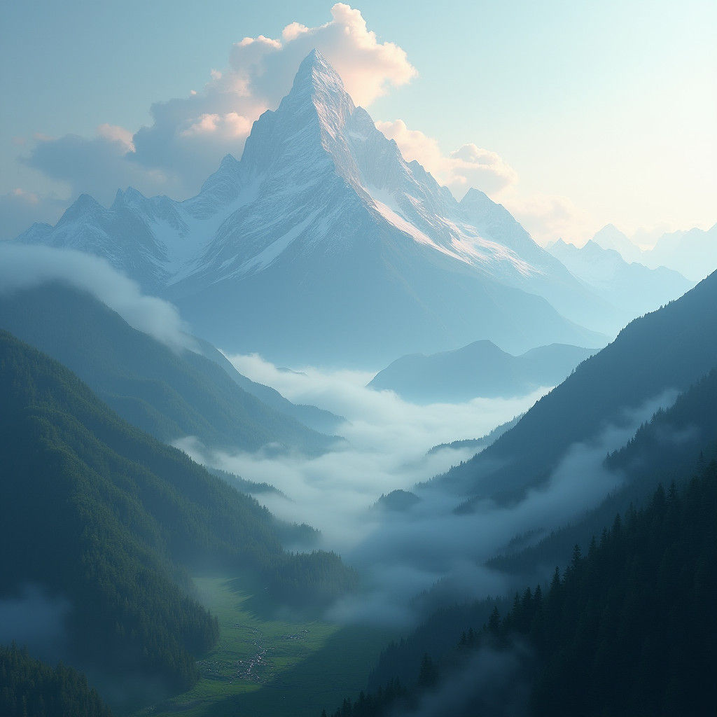 Ethereal Mountain Range in Misty Iridescent Fog
