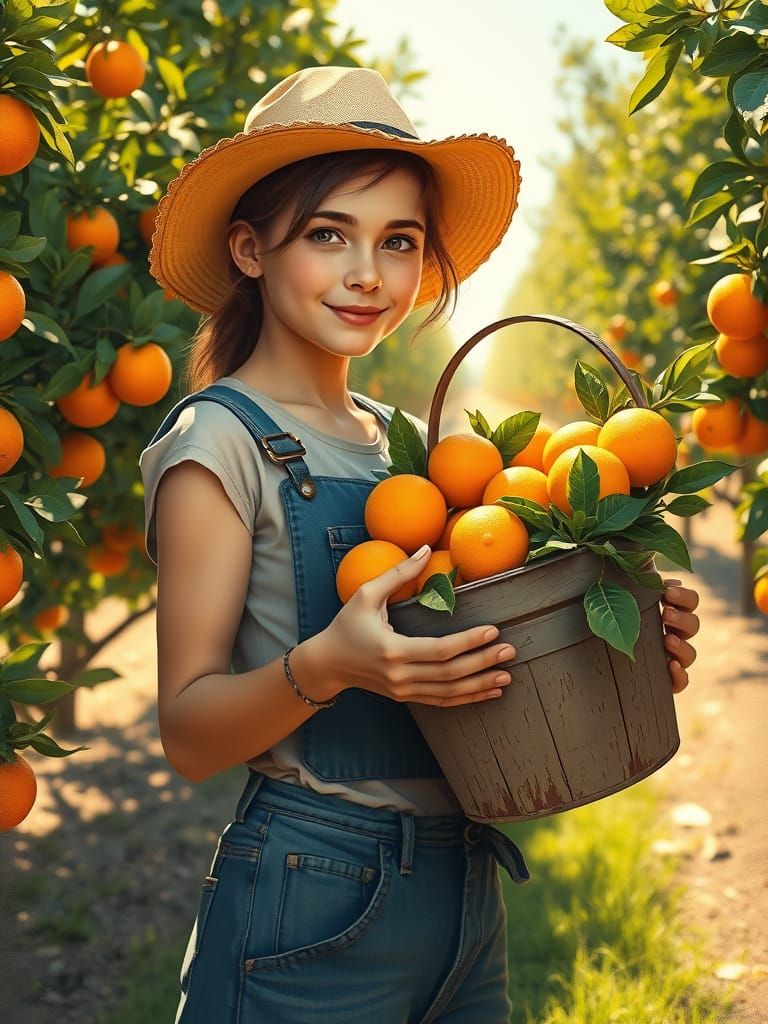Young Gardener with Oranges in Sunlit Orchard
