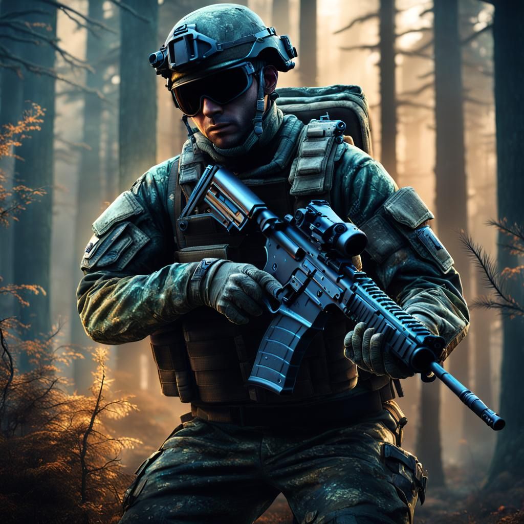 Modern Soldier in Forest: Detailed Matte Painting