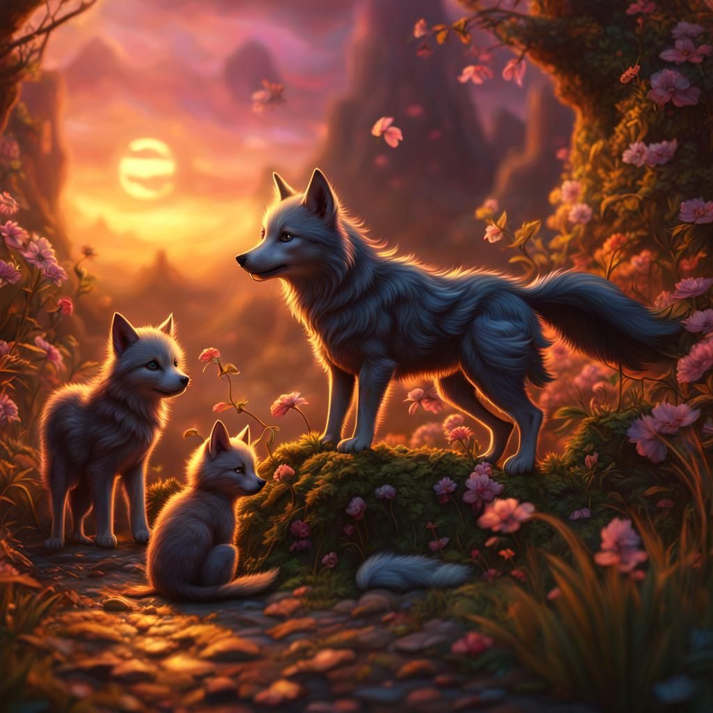 Wolves and Kittens Play at Sunset: Fantasy Concept Art