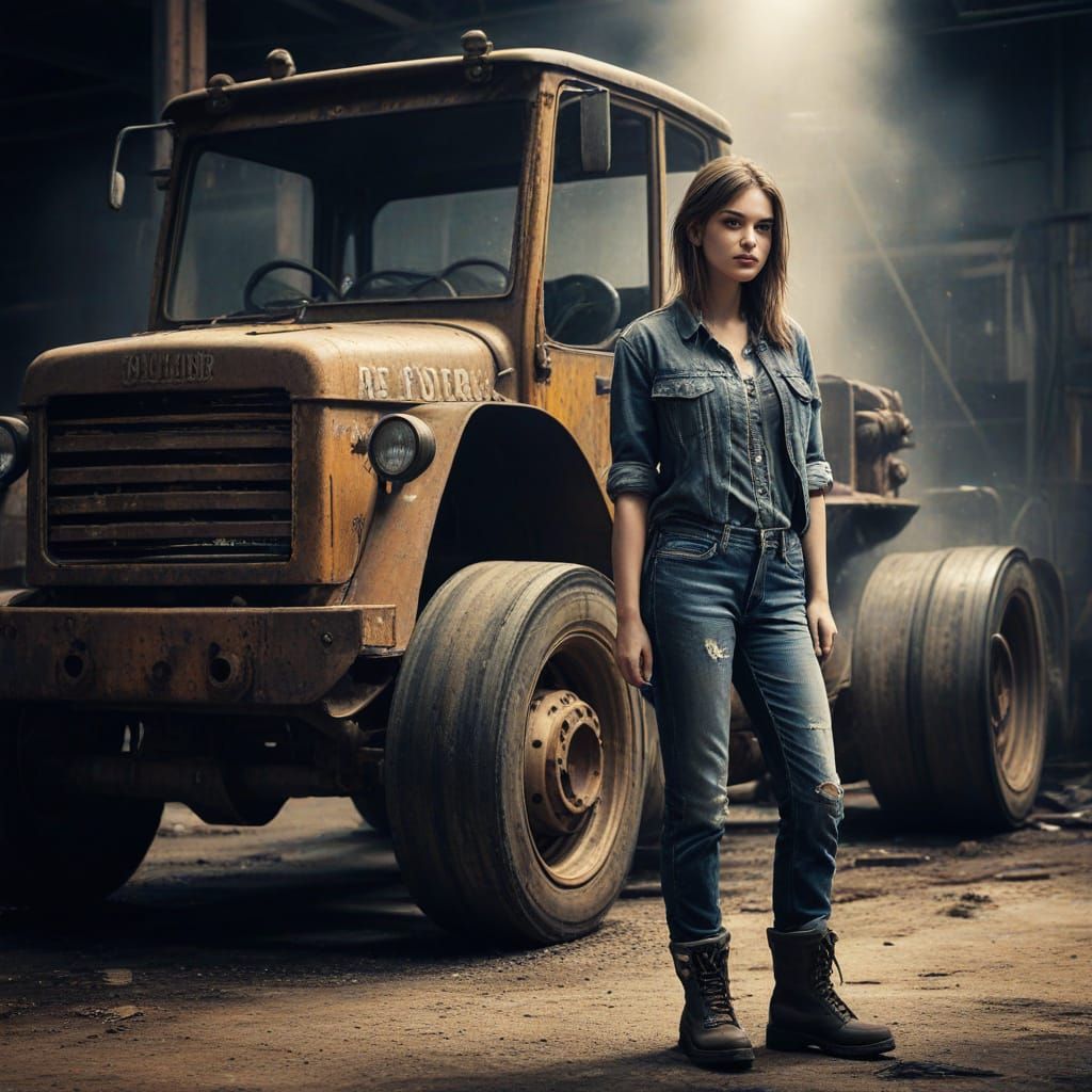 Girl Posing in Industrial Car Repair Scene