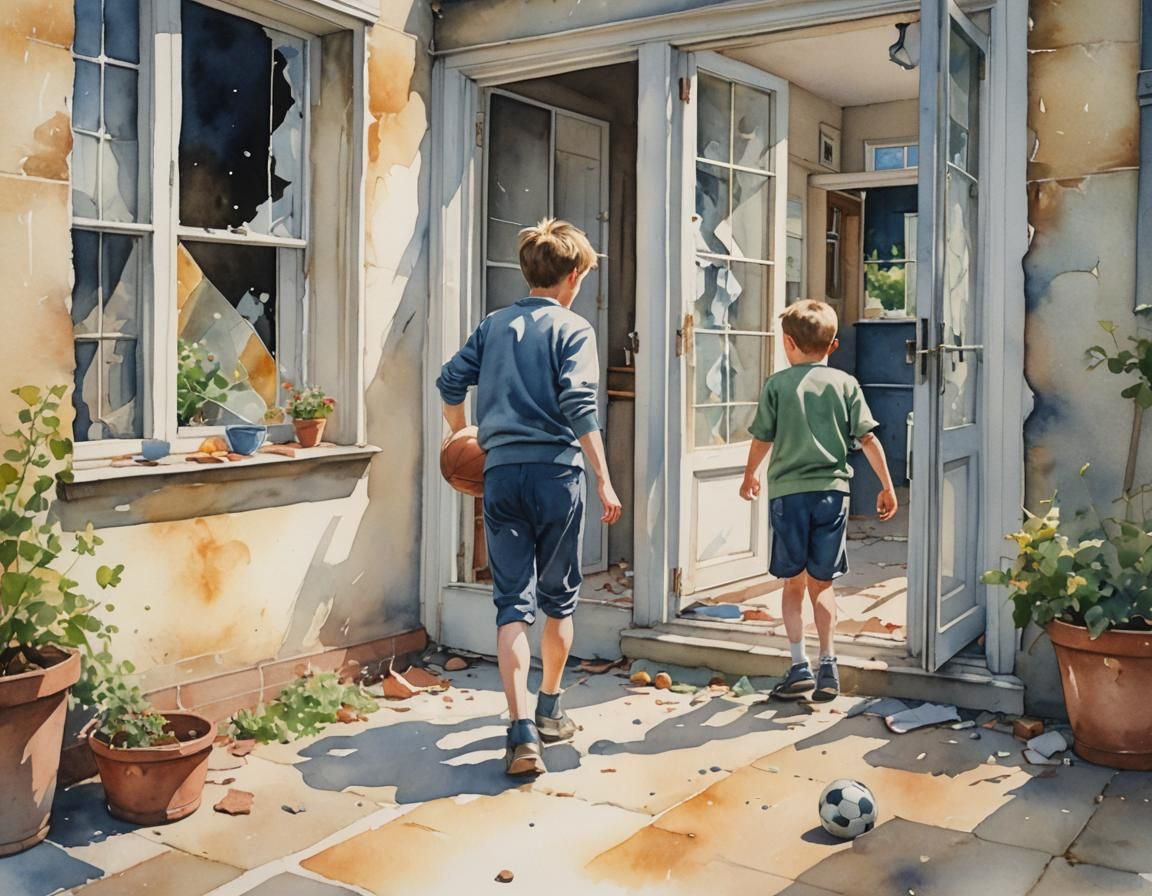 Boy Kicks Football Through Window: Watercolour Art