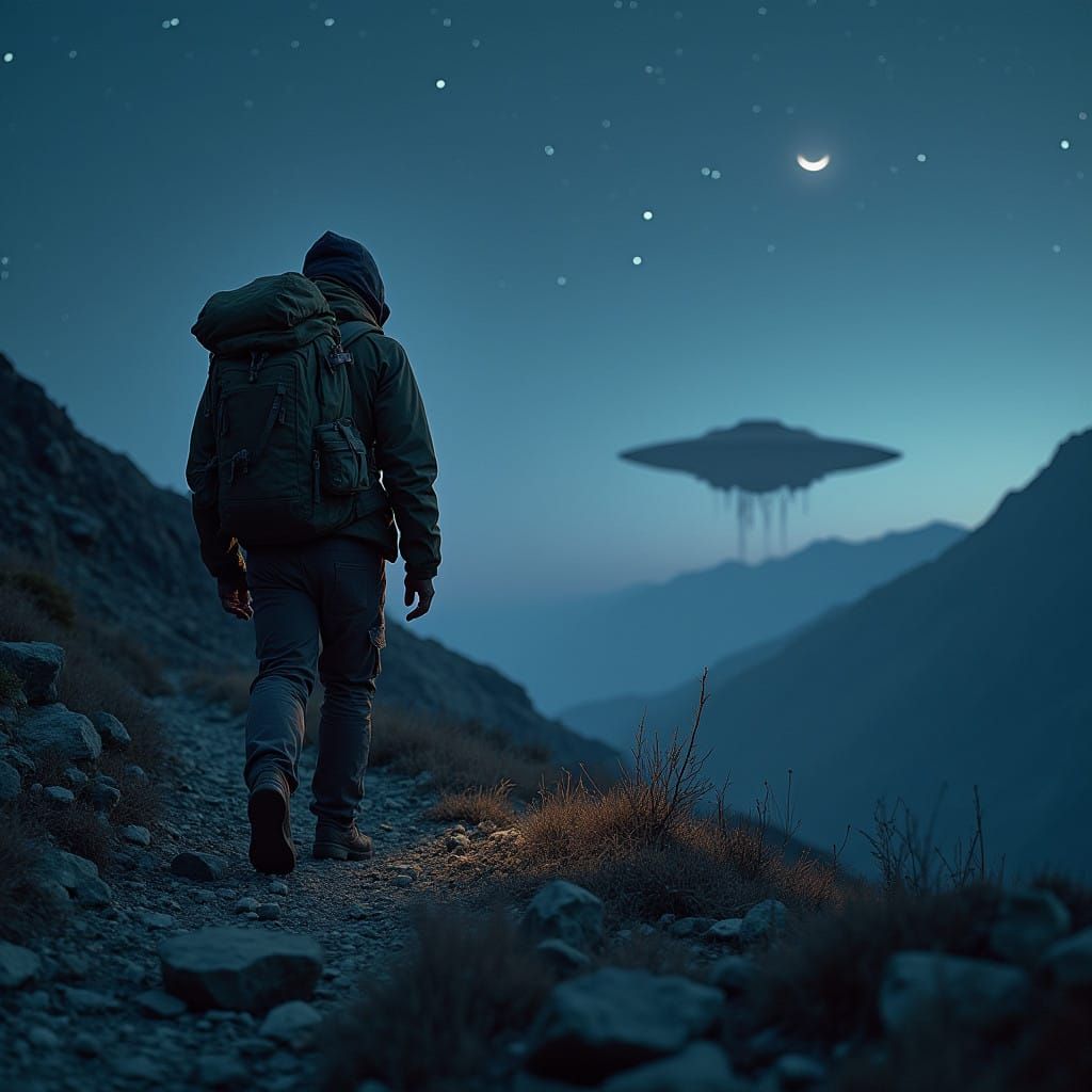 Lone Hiker Under Alien Invasion's Ominous Glow