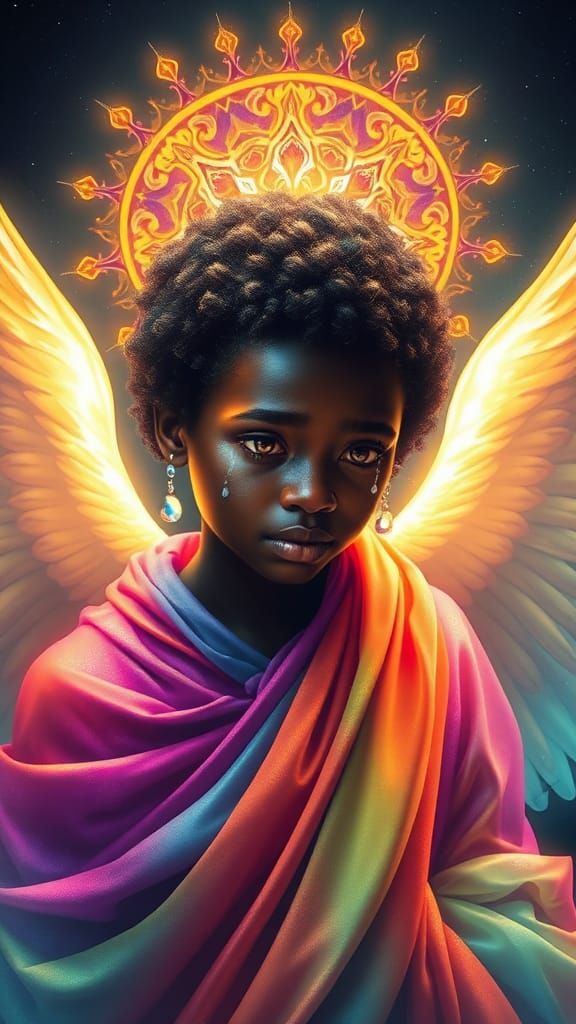 Sorrowful African Angel in Rainbow Robes